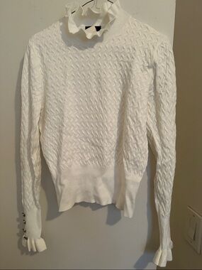 White Cable Knit Ruffle Neck Sweater